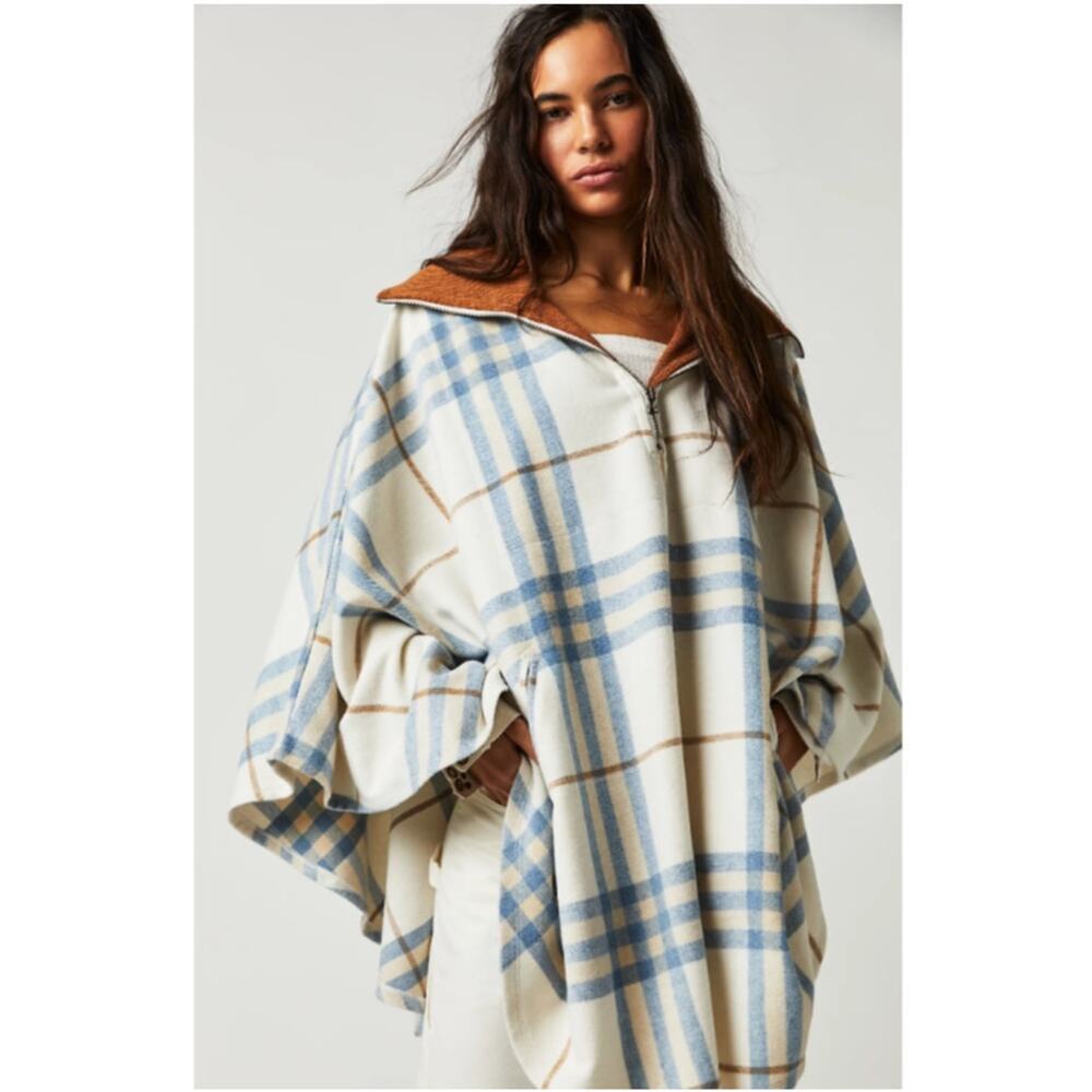 Free People Women's Woodstock Brushed Plaid Poncho Color Oat Combo Size All